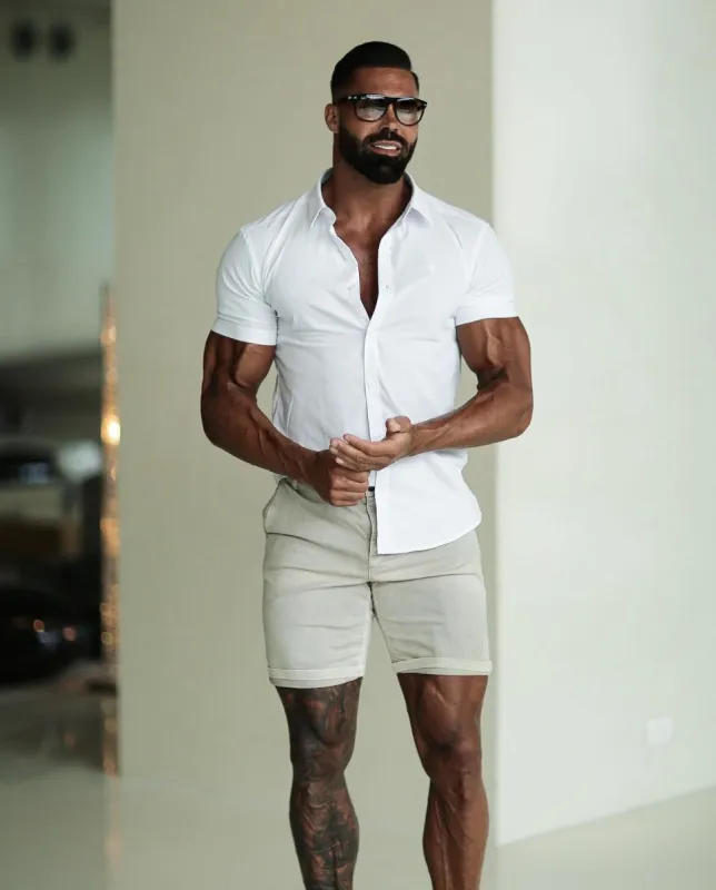 Father Sons Super Slim White Short Sleeve Stretch with Back Box Pleat and Side Seam Detail - FS944 sold by Father Sons