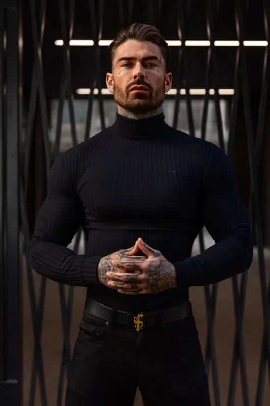 Father Sons Classic Black Ribbed Knit Roll-neck Sweater - FSH952 sold by Father Sons