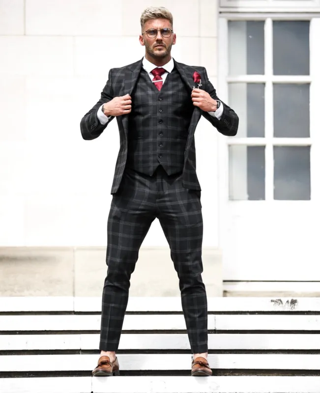 Father Sons Slim Formal Waistcoat Large Charcoal Check - FSW007 sold by Father Sons