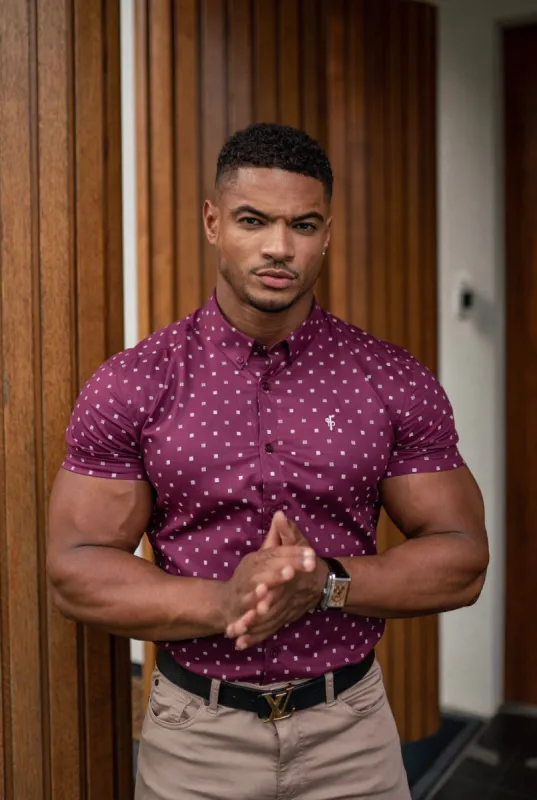 Father Sons Super Slim Stretch Burgundy & White Broken Square Print Short Sleeve - FS689 sold by Father Sons