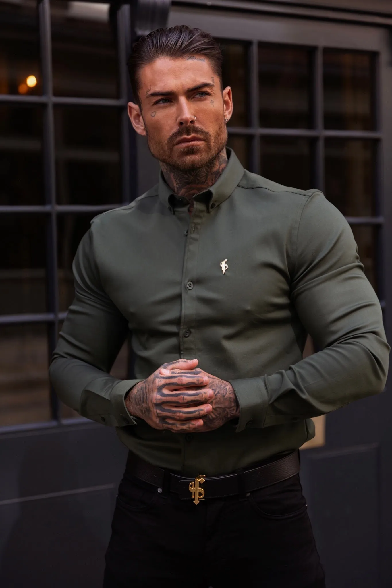 Father Sons Super Slim Stretch Khaki Denim Long Sleeve with Gold Metal Decal and Button Down Collar - FS1044 sold by Father Sons product image thumbnail 5