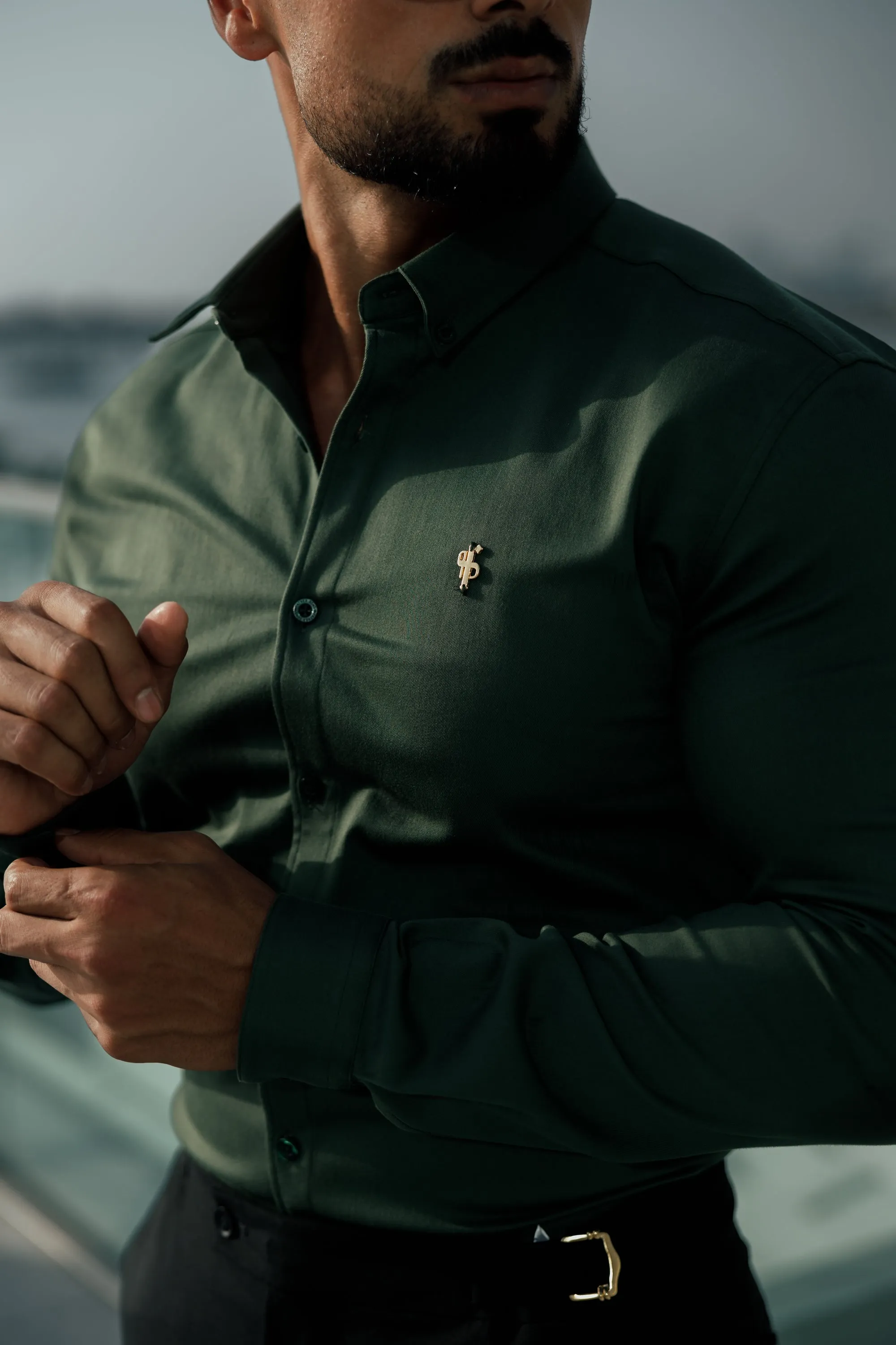 Father Sons Super Slim Stretch Khaki Denim Long Sleeve with Gold Metal Decal and Button Down Collar - FS1044 sold by Father Sons product image thumbnail 2