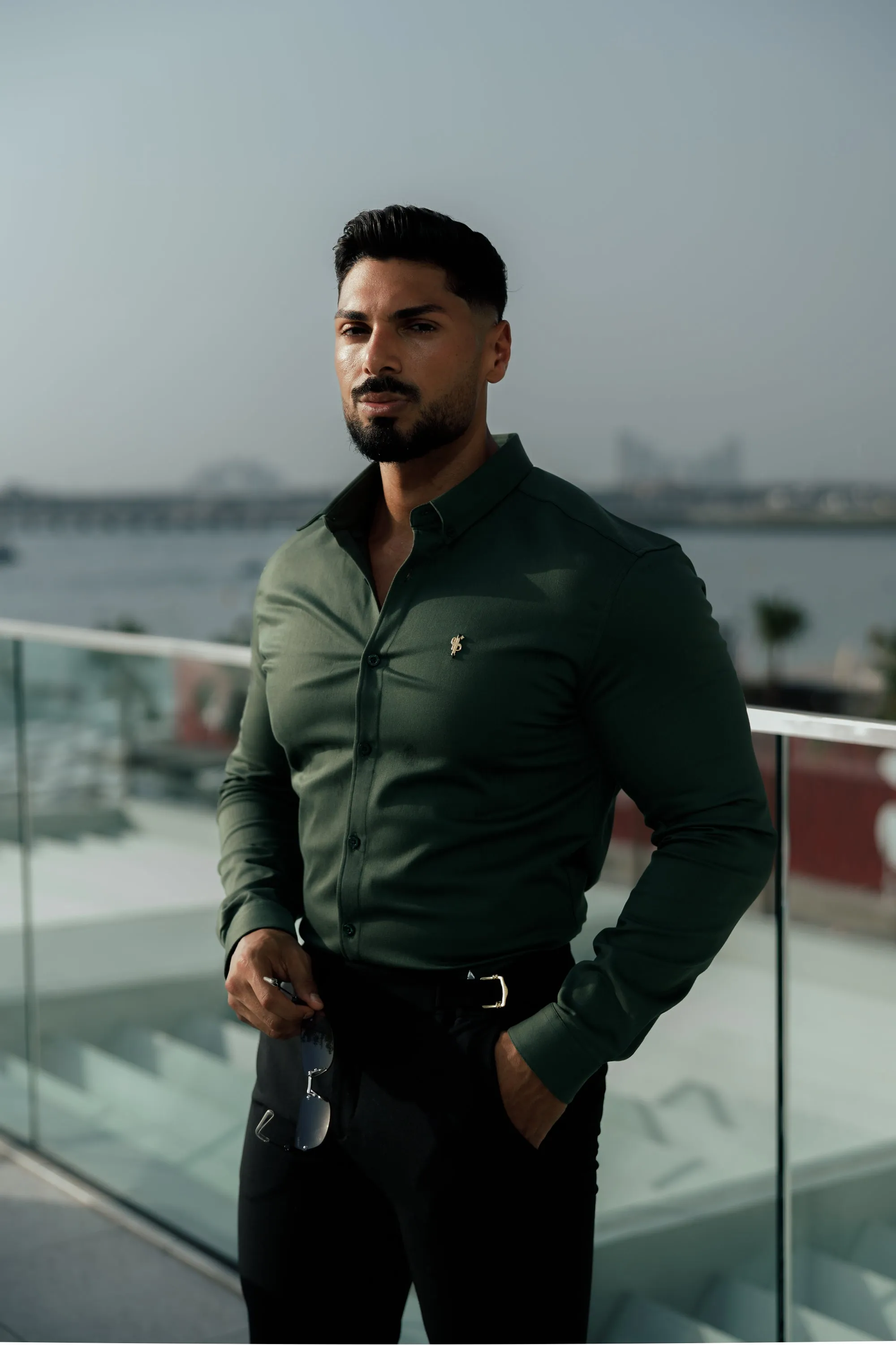 Father Sons Super Slim Stretch Khaki Denim Long Sleeve with Gold Metal Decal and Button Down Collar - FS1044 sold by Father Sons product image thumbnail 3