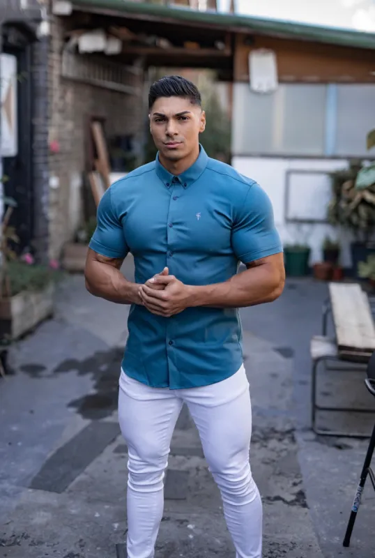 Father Sons Super Slim Stretch Teal Denim Short Sleeve - FS328 sold by Father Sons
