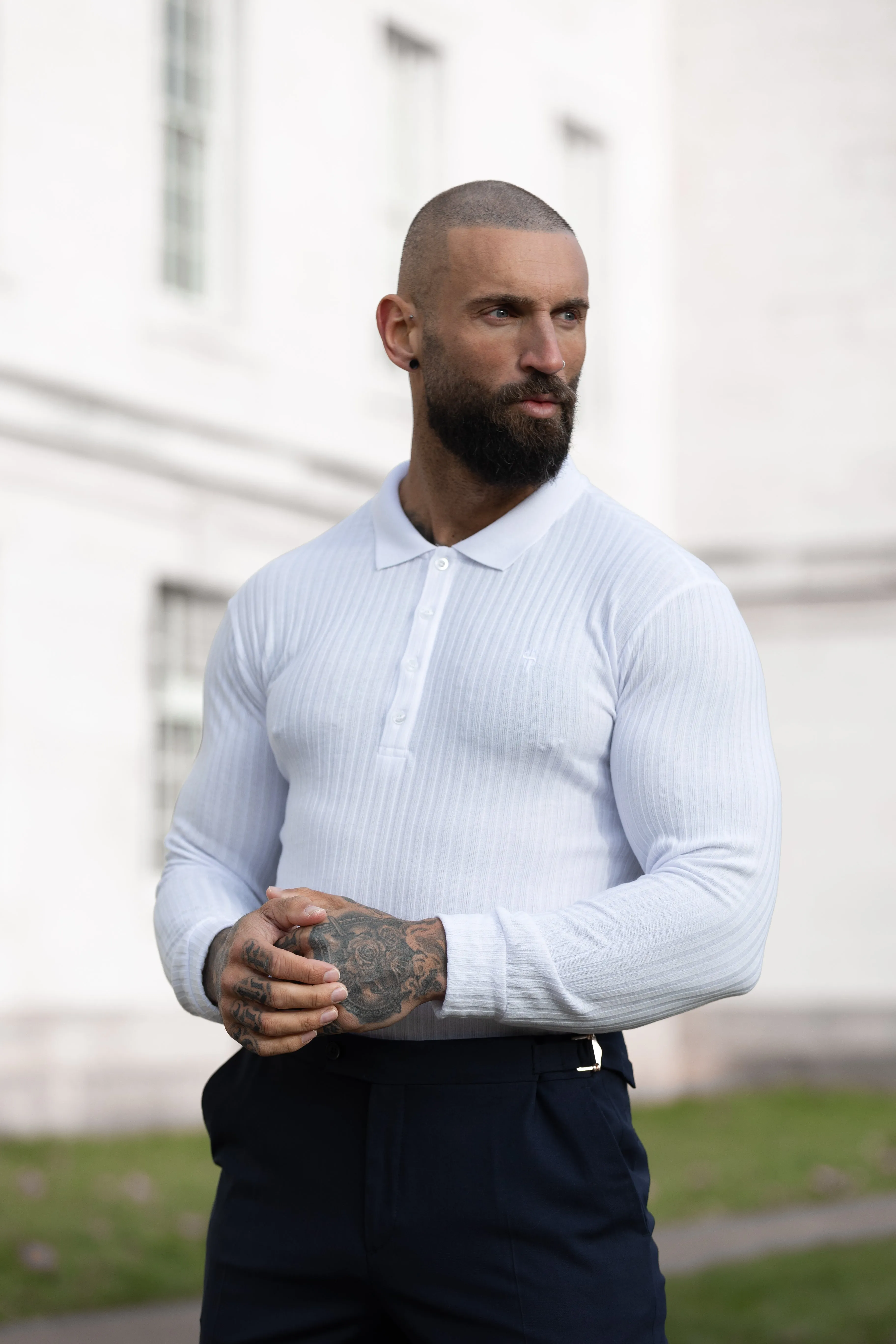 Classic White Ribbed Polo Shirt Long Sleeve - FSH974 sold by Father Sons product image thumbnail 4