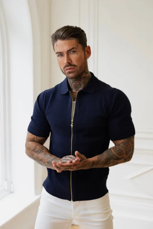 Father Sons Classic Knitted Textured Design With Full Length Zip Navy Short Sleeve - FSN153 sold by Father Sons