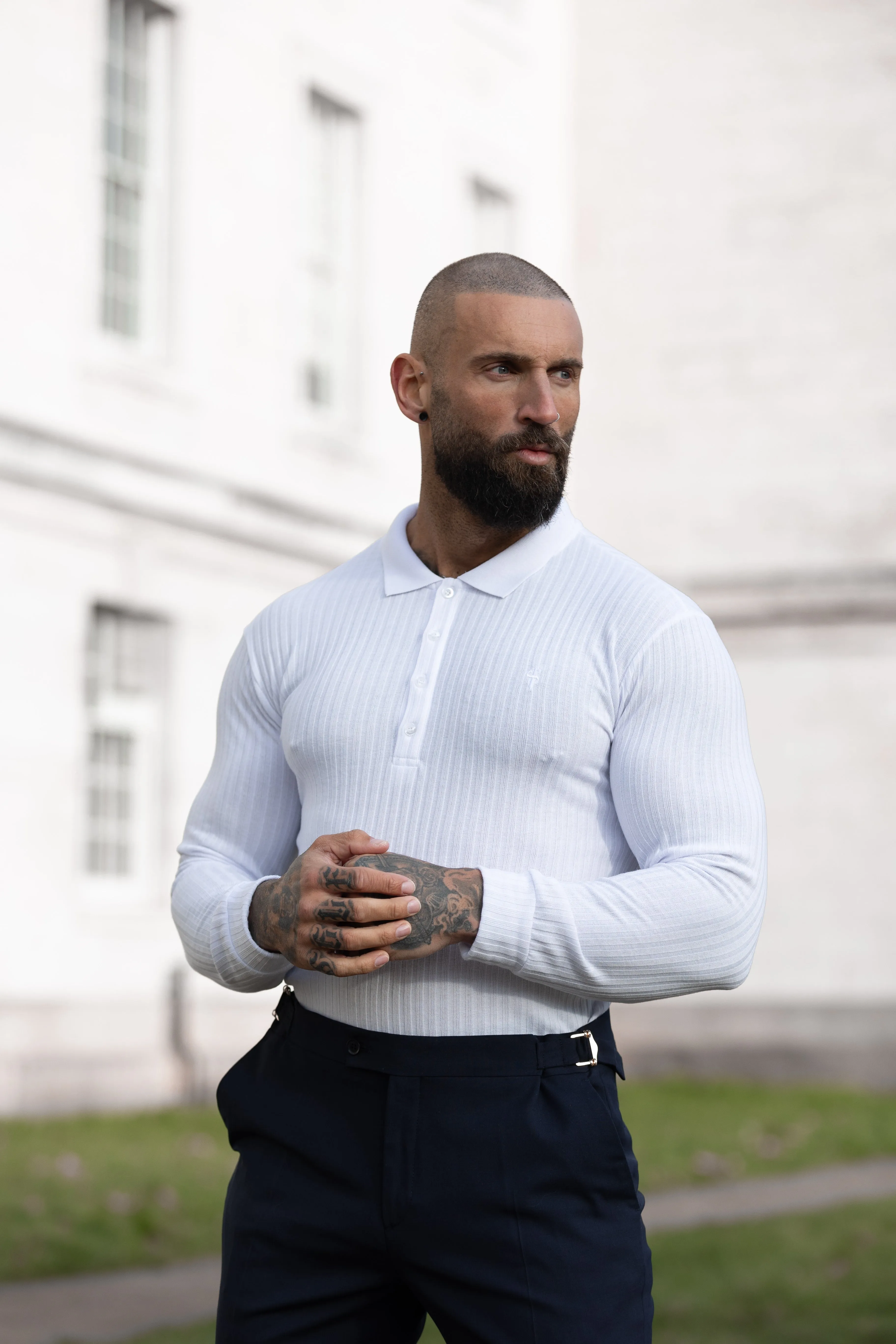 Classic White Ribbed Polo Shirt Long Sleeve - FSH974 sold by Father Sons product image thumbnail 5