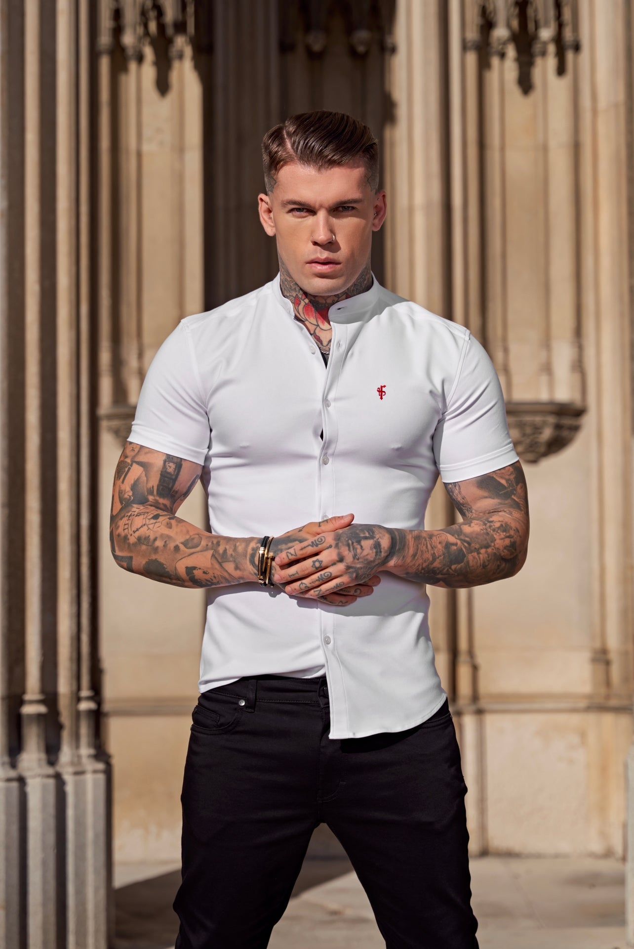 Father Sons Super Slim Scuba White / Red Short Sleeve Stretch With Grandad Collar - FS932 sold by Father Sons