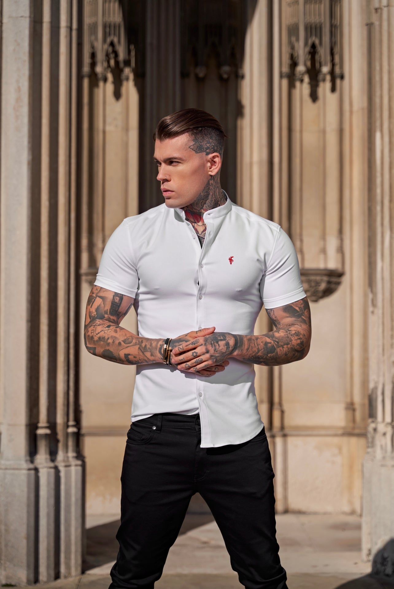 Father Sons Super Slim Scuba White / Red Short Sleeve Stretch With Grandad Collar - FS932 sold by Father Sons product image thumbnail 2