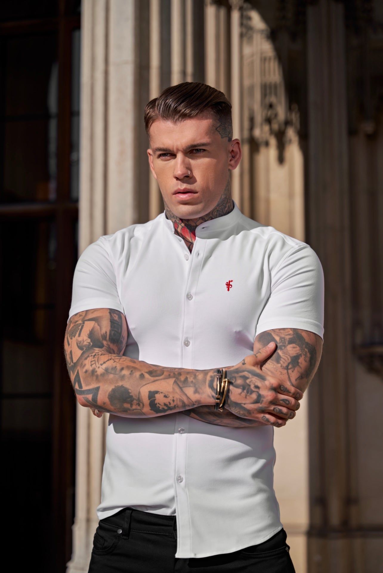 Father Sons Super Slim Scuba White / Red Short Sleeve Stretch With Grandad Collar - FS932 sold by Father Sons product image thumbnail 3