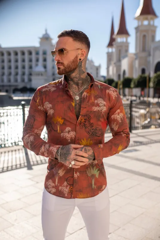 Father Sons Super Slim Stretch Burgundy Tiger Print Long Sleeve with Button Down Collar - FS804 sold by Father Sons