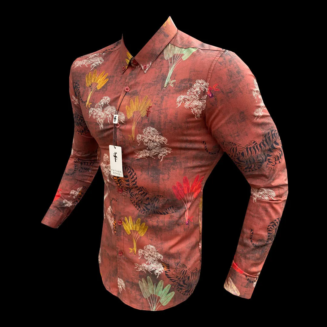 Father Sons Super Slim Stretch Burgundy Tiger Print Long Sleeve with Button Down Collar - FS804 sold by Father Sons product image thumbnail 2