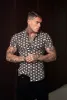 Father Sons Super Slim Stretch Black / Cream / Taupe Link Print Short Sleeve with Button Down Collar - FS849 sold by Father Sons