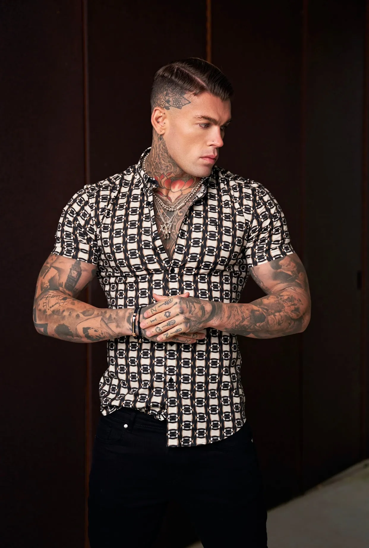 Father Sons Super Slim Stretch Black / Cream / Taupe Link Print Short Sleeve with Button Down Collar - FS849 sold by Father Sons product image thumbnail 4