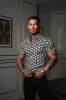 Father Sons Super Slim Stretch Black / Cream / Taupe Link Print Short Sleeve with Button Down Collar - FS849 sold by Father Sons