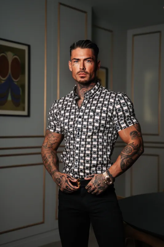 Father Sons Super Slim Stretch Black / Cream / Taupe Link Print Short Sleeve with Button Down Collar - FS849 sold by Father Sons