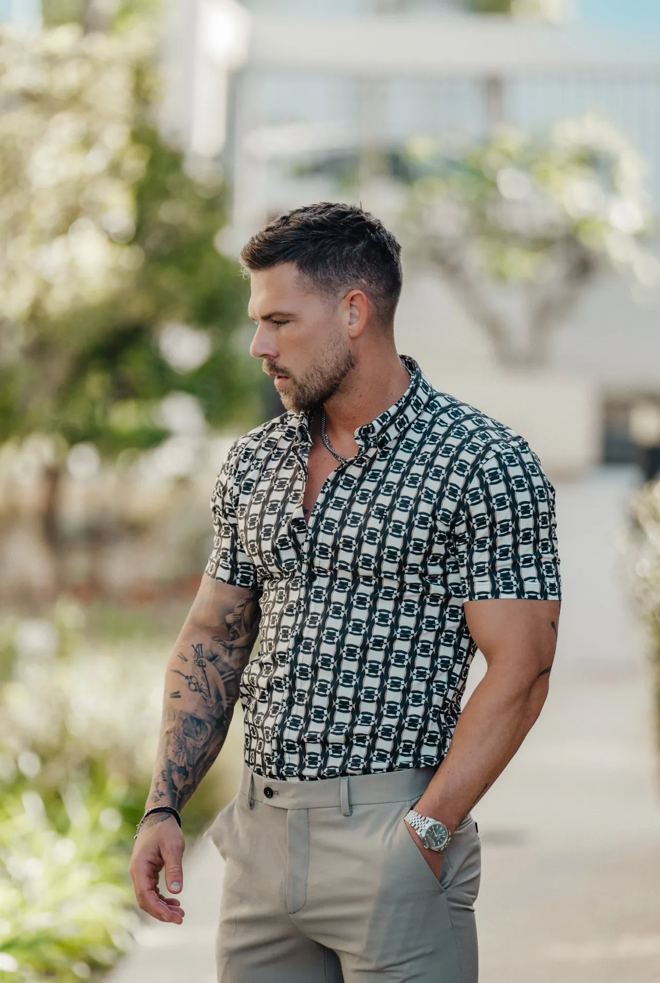 Father Sons Super Slim Stretch Black / Cream / Taupe Link Print Short Sleeve with Button Down Collar - FS849 sold by Father Sons product image thumbnail 3
