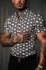 Father Sons Super Slim Stretch Black / Cream / Taupe Link Print Short Sleeve with Button Down Collar - FS849 sold by Father Sons