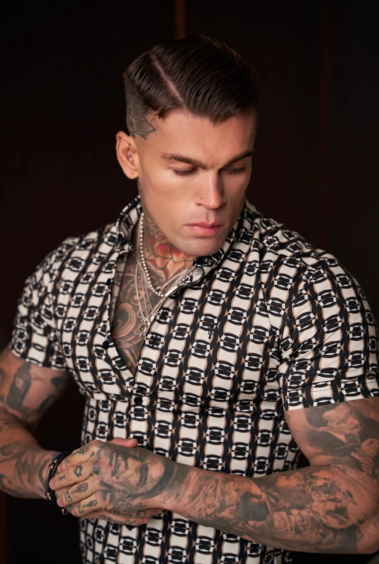 Father Sons Super Slim Stretch Black / Cream / Taupe Link Print Short Sleeve with Button Down Collar - FS849 sold by Father Sons product image thumbnail 5