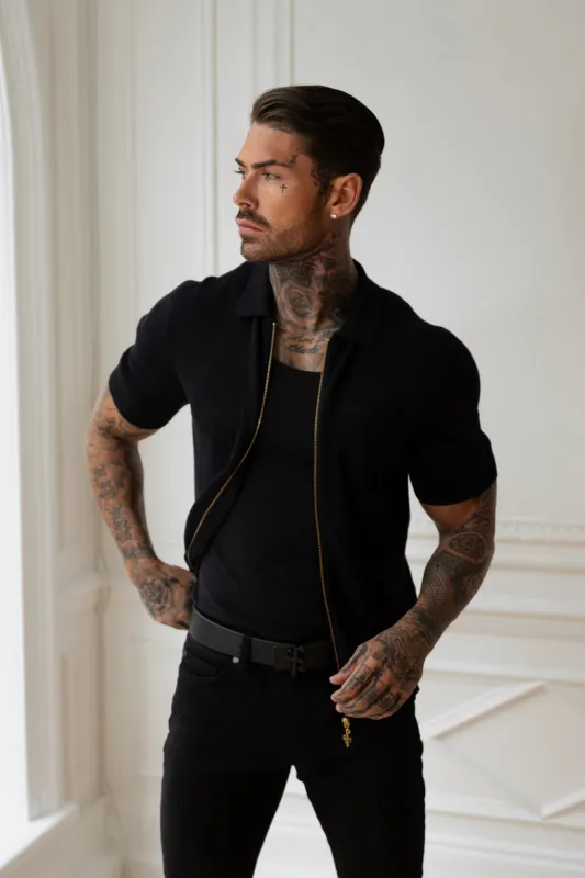 Father Sons Classic Knitted Textured Design With Full Length Zip Black Short Sleeve - FSN151 sold by Father Sons