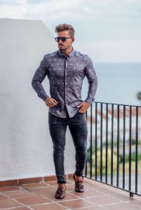 Father Sons Super Slim Stretch Charcoal Floral Print Long Sleeve - FS669 sold by Father Sons
