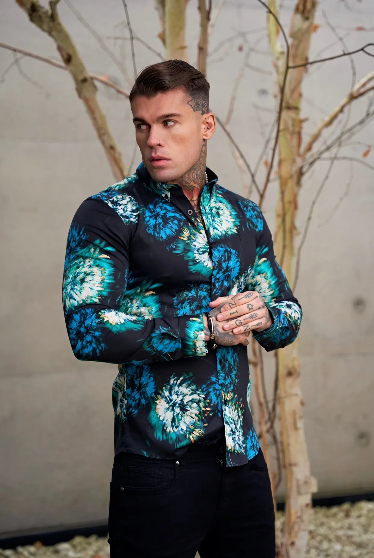 Father Sons Super Slim Stretch Black with Blue / Green Blurred Flower Print Long Sleeve with Button Down Collar - FS846 sold by Father Sons product image thumbnail 3
