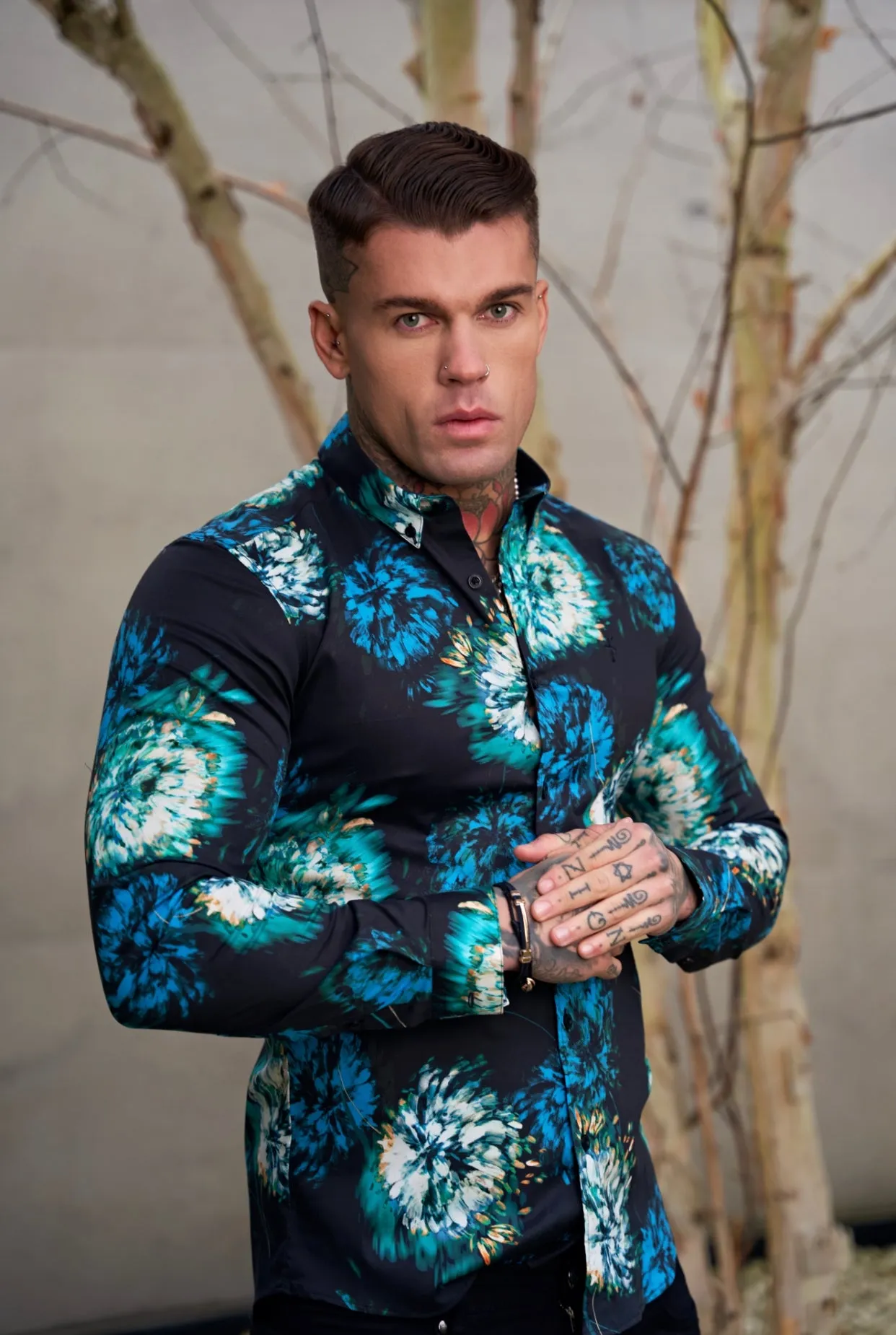 Father Sons Super Slim Stretch Black with Blue / Green Blurred Flower Print Long Sleeve with Button Down Collar - FS846 sold by Father Sons product image thumbnail 4