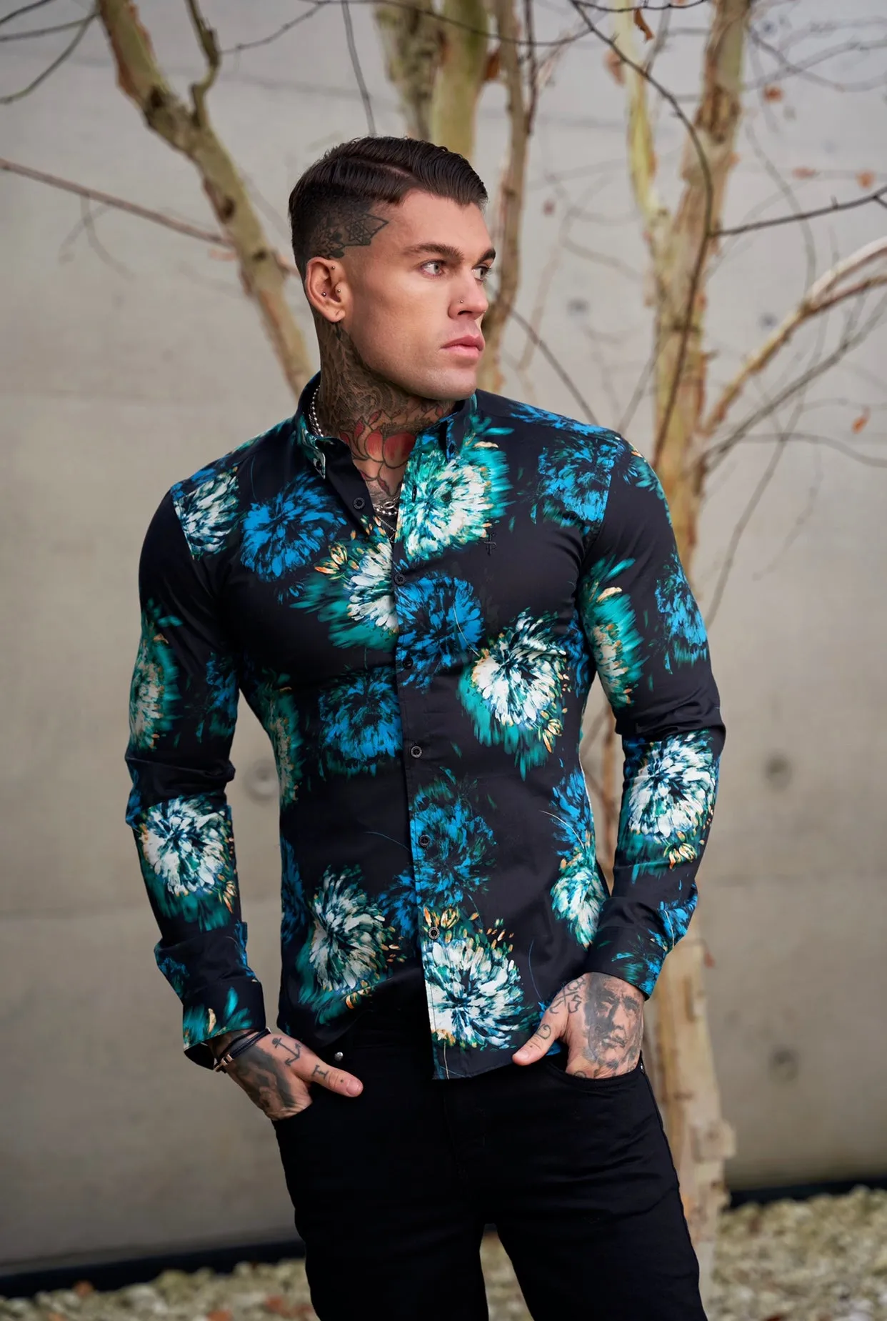 Father Sons Super Slim Stretch Black with Blue / Green Blurred Flower Print Long Sleeve with Button Down Collar - FS846 sold by Father Sons product image thumbnail 5