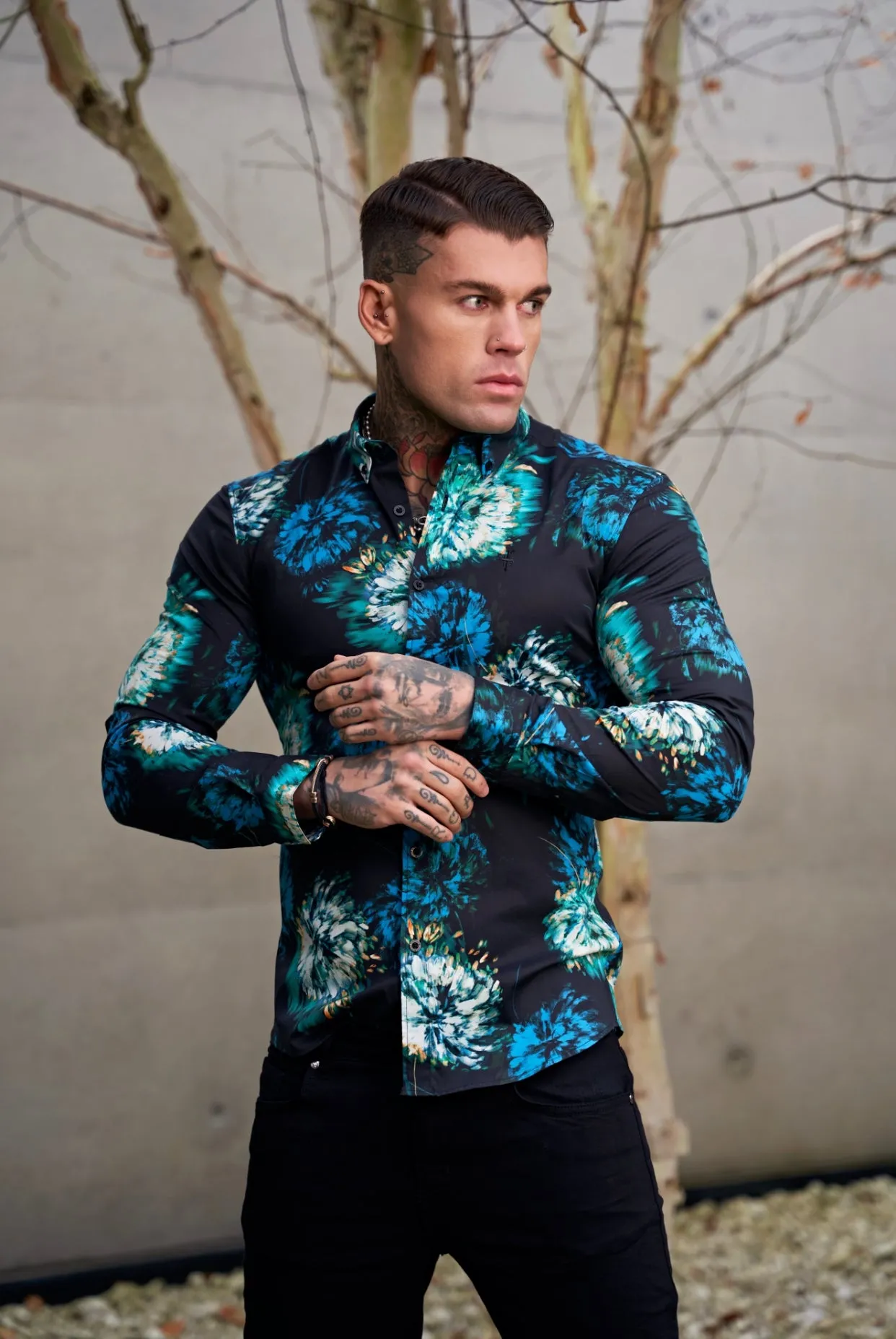 Father Sons Super Slim Stretch Black with Blue / Green Blurred Flower Print Long Sleeve with Button Down Collar - FS846 sold by Father Sons