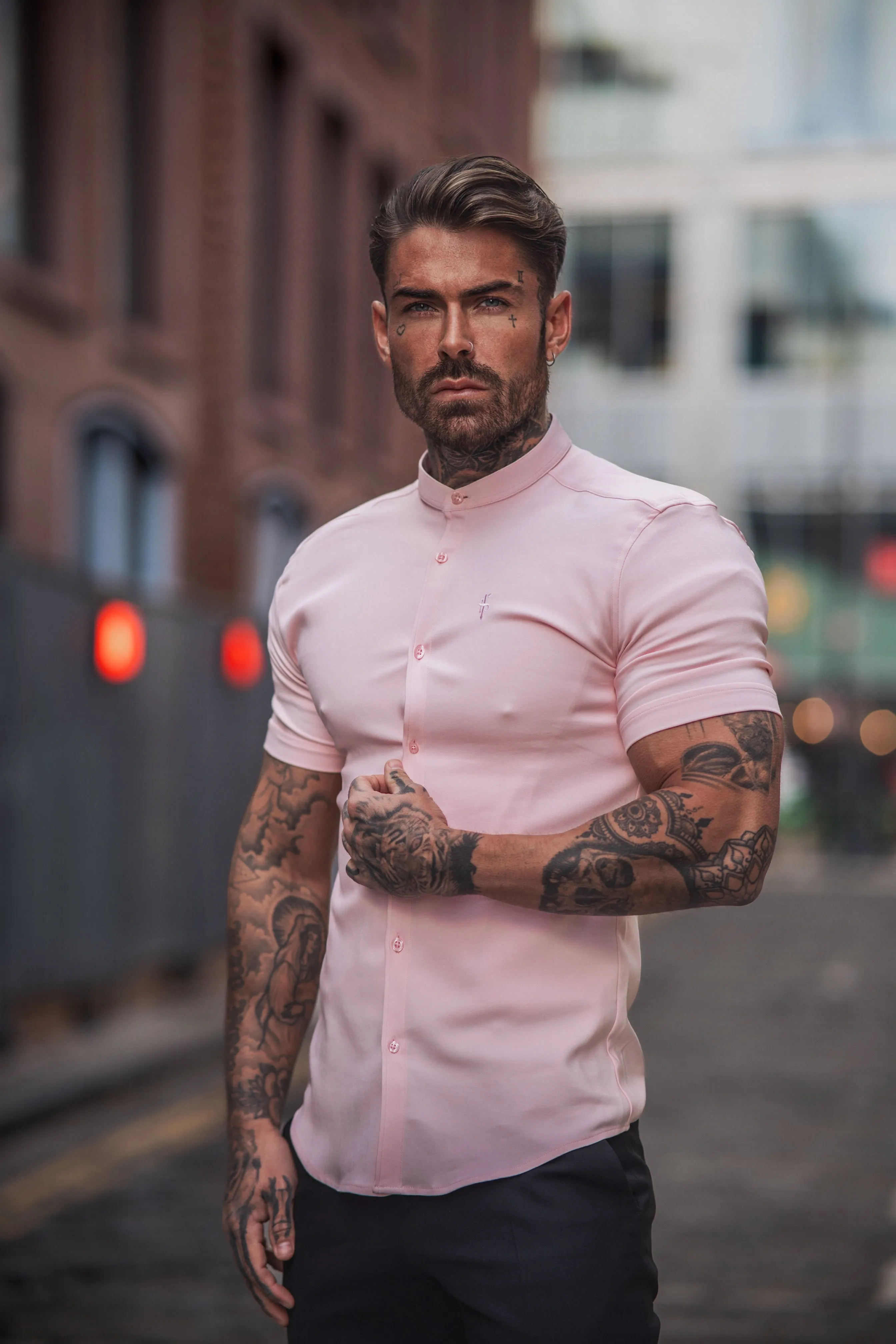 Father Sons Super Slim Scuba Pink Short Sleeve Stretch With Grandad Collar - FS1005 sold by Father Sons product image thumbnail 2