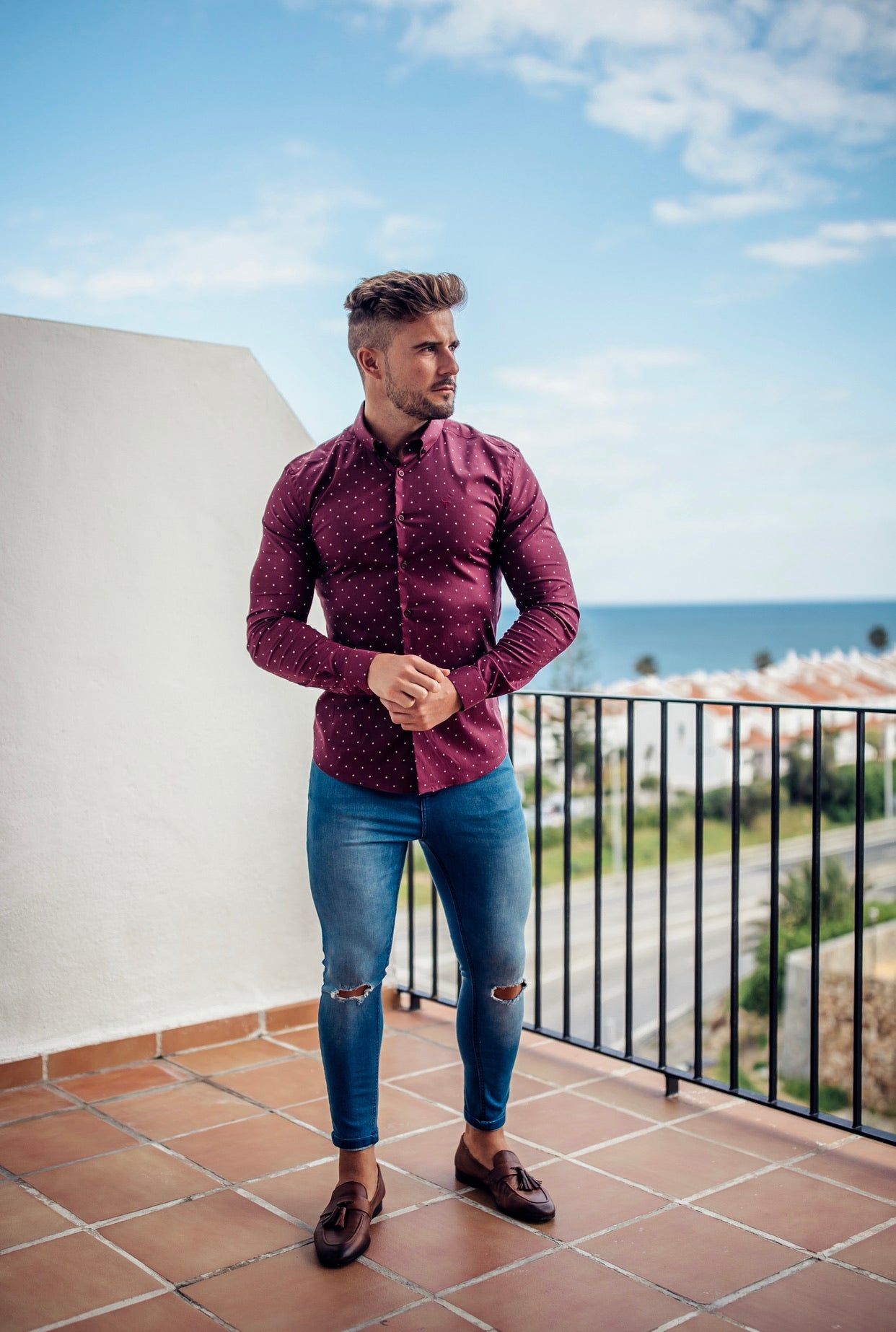 Father Sons Super Slim Stretch Burgundy & White Circular Print Long Sleeve - FS664 sold by Father Sons product image thumbnail 2