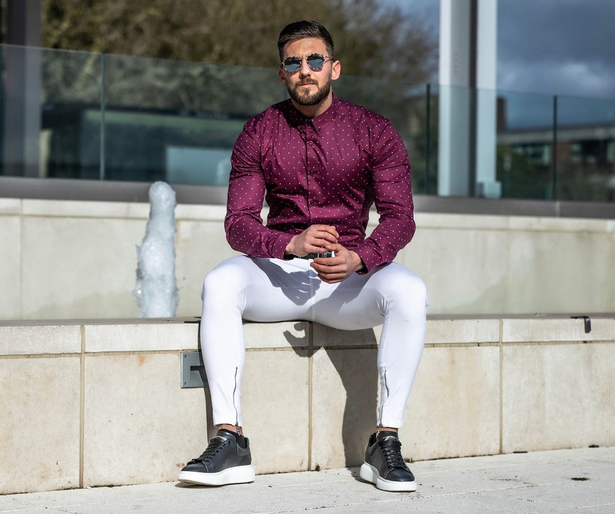 Father Sons Super Slim Stretch Burgundy & White Circular Print Long Sleeve - FS664 sold by Father Sons product image thumbnail 4