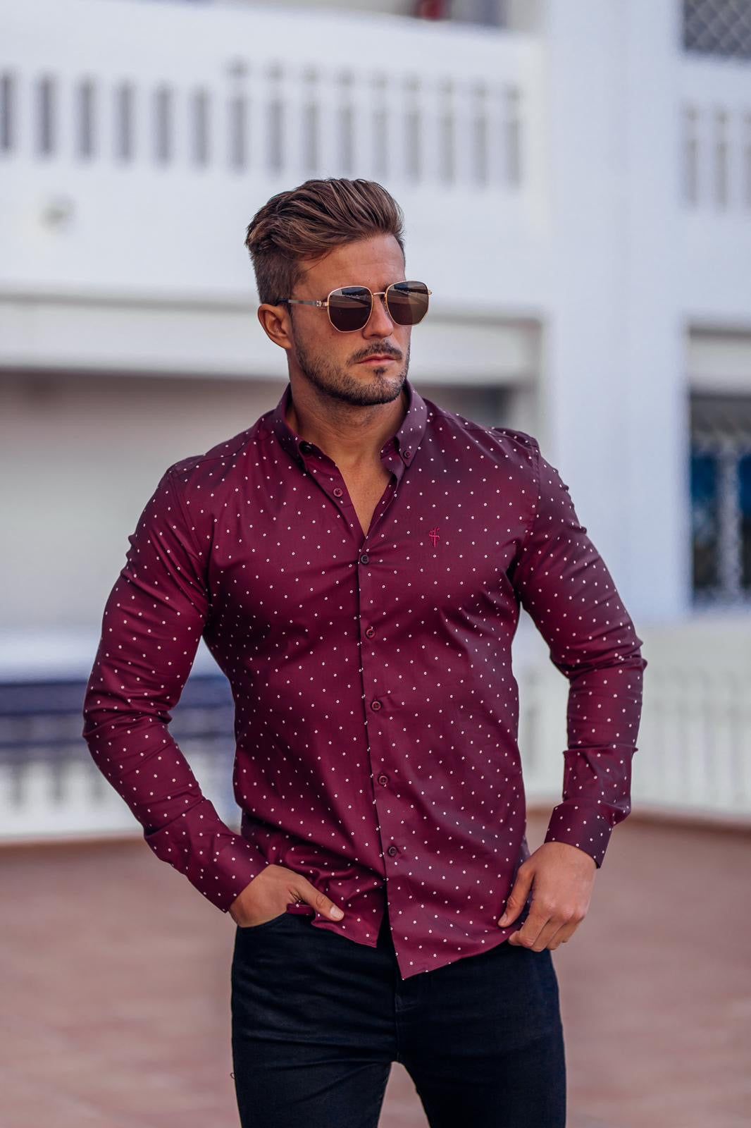 Father Sons Super Slim Stretch Burgundy & White Circular Print Long Sleeve - FS664 sold by Father Sons product image thumbnail 5