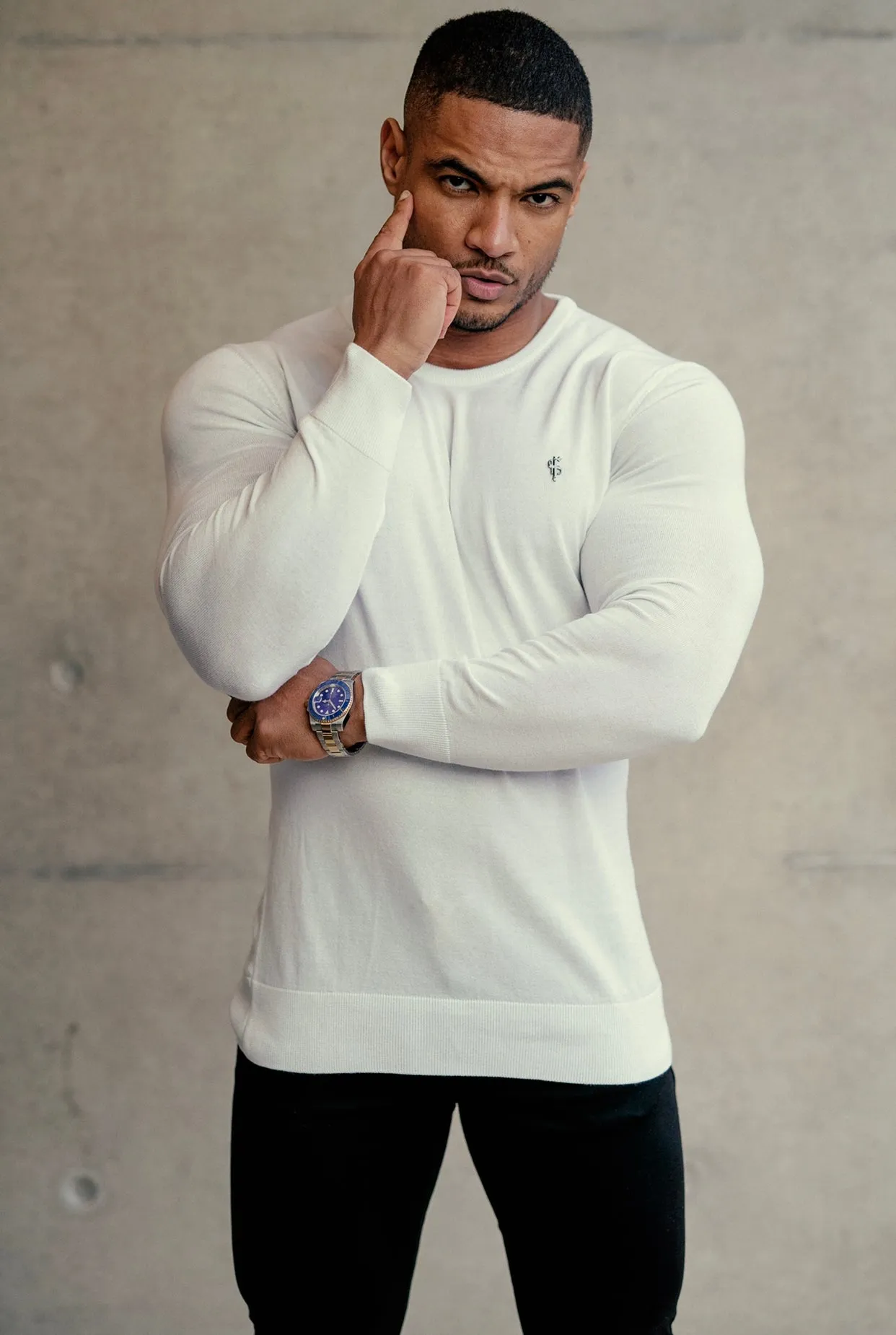 Father Sons Classic White Crew Neck Knitted Jumper with Gunmetal Emblem - FSH670 sold by Father Sons product image thumbnail 3