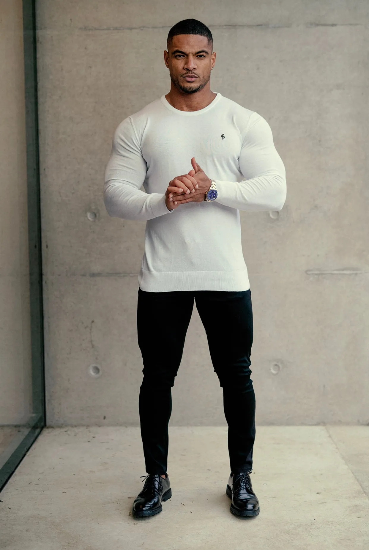 Father Sons Classic White Crew Neck Knitted Jumper with Gunmetal Emblem - FSH670 sold by Father Sons product image thumbnail 2