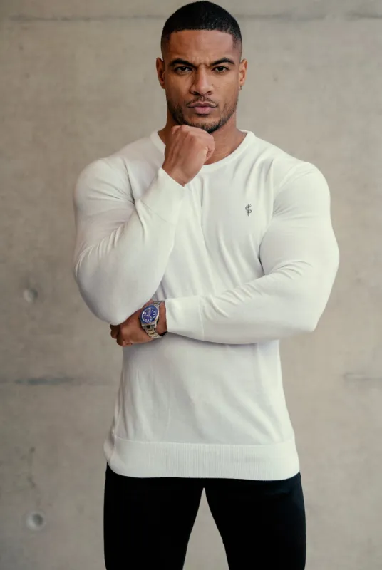 Father Sons Classic White Crew Neck Knitted Jumper with Gunmetal Emblem - FSH670 sold by Father Sons