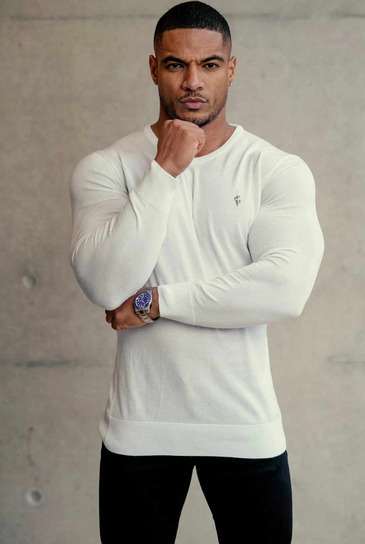 Father Sons Classic White Crew Neck Knitted Jumper with Gunmetal Emblem - FSH670 sold by Father Sons