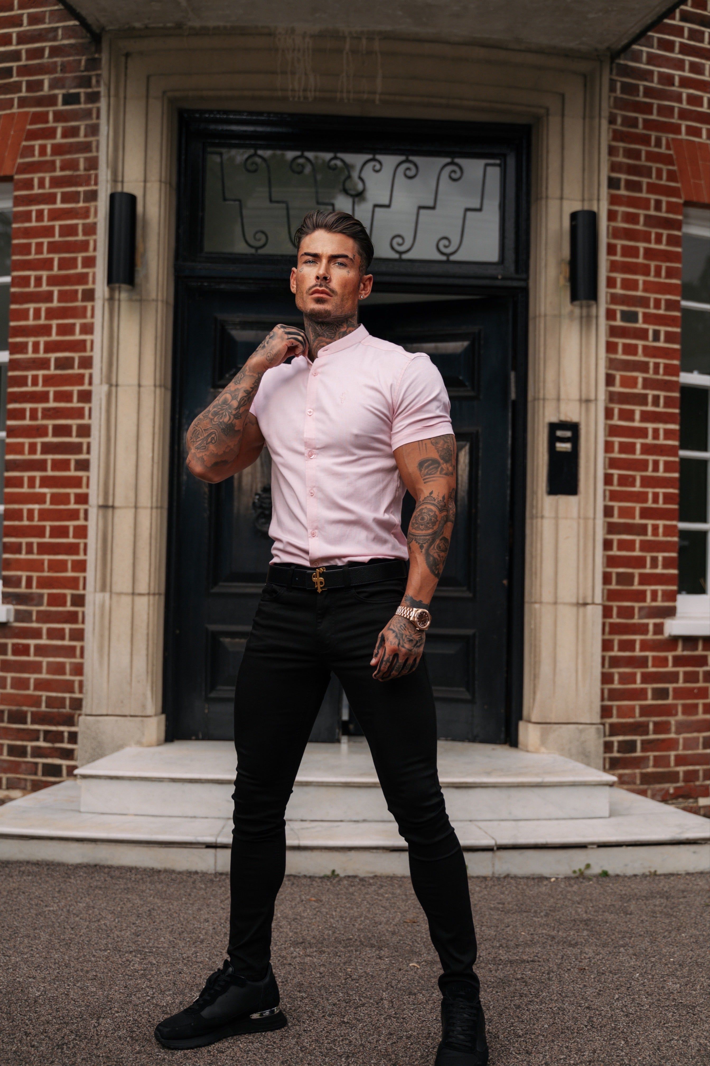 Father Sons Super Slim Stretch Classic Oxford Pink Grandad Collar Short Sleeve - FS953 sold by Father Sons product image thumbnail 3