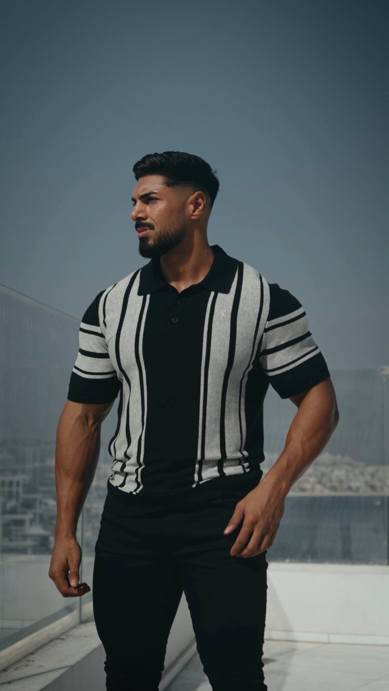 Father Sons Classic Black / Light Grey Knitted Vertical Stripe Polo Short Sleeve - FSN106 sold by Father Sons product image thumbnail 2