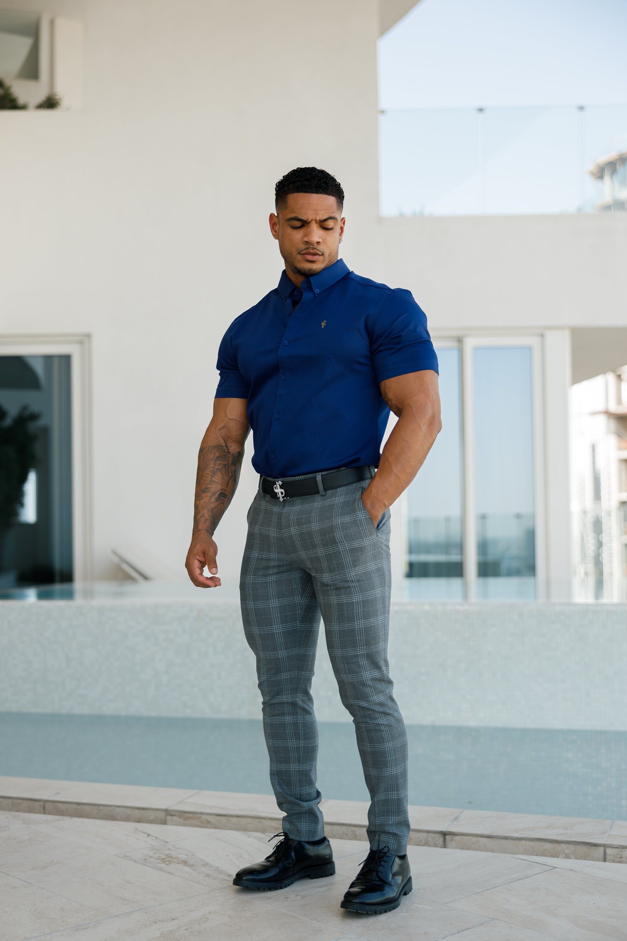 Father Sons Super Slim Stretch Navy Denim Short Sleeve with Metal Decal Emblem - FS637 sold by Father Sons product image thumbnail 2