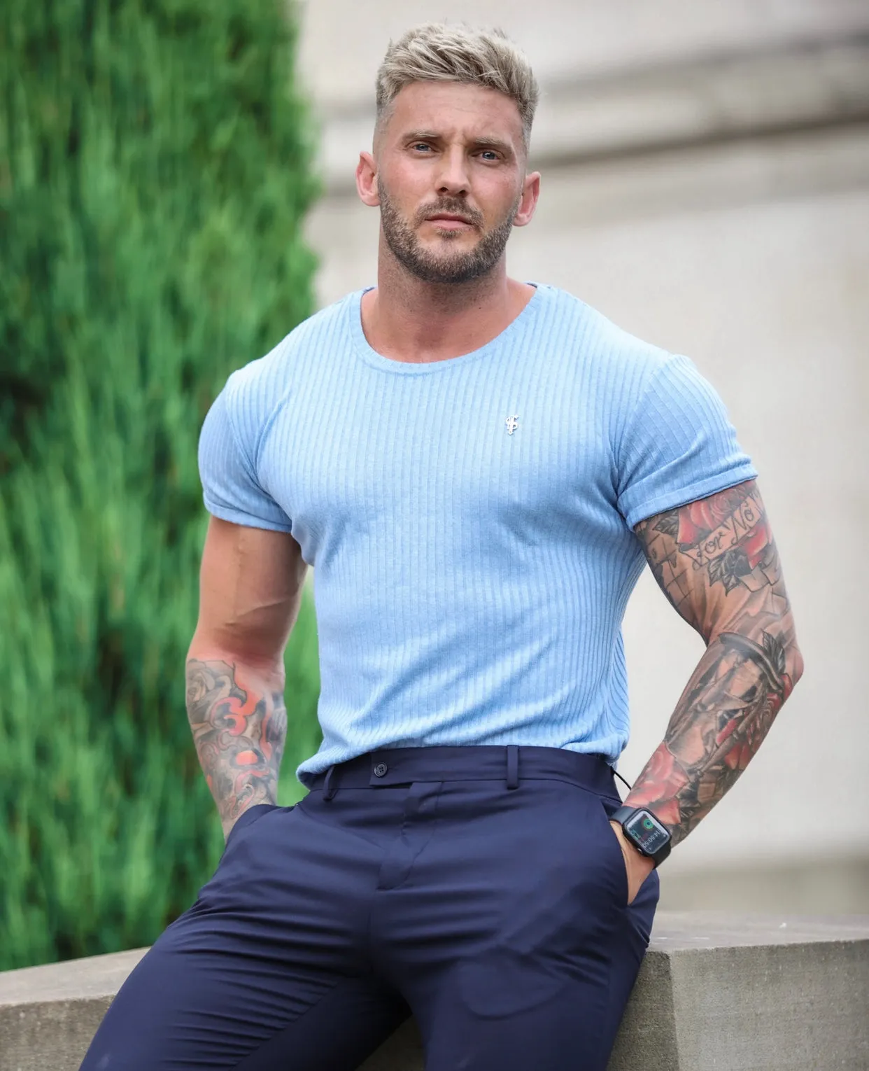 Father Sons Classic Light Blue Rib Short Sleeve Crew T Shirt With Silver Decal - FSH635 sold by Father Sons product image thumbnail 2