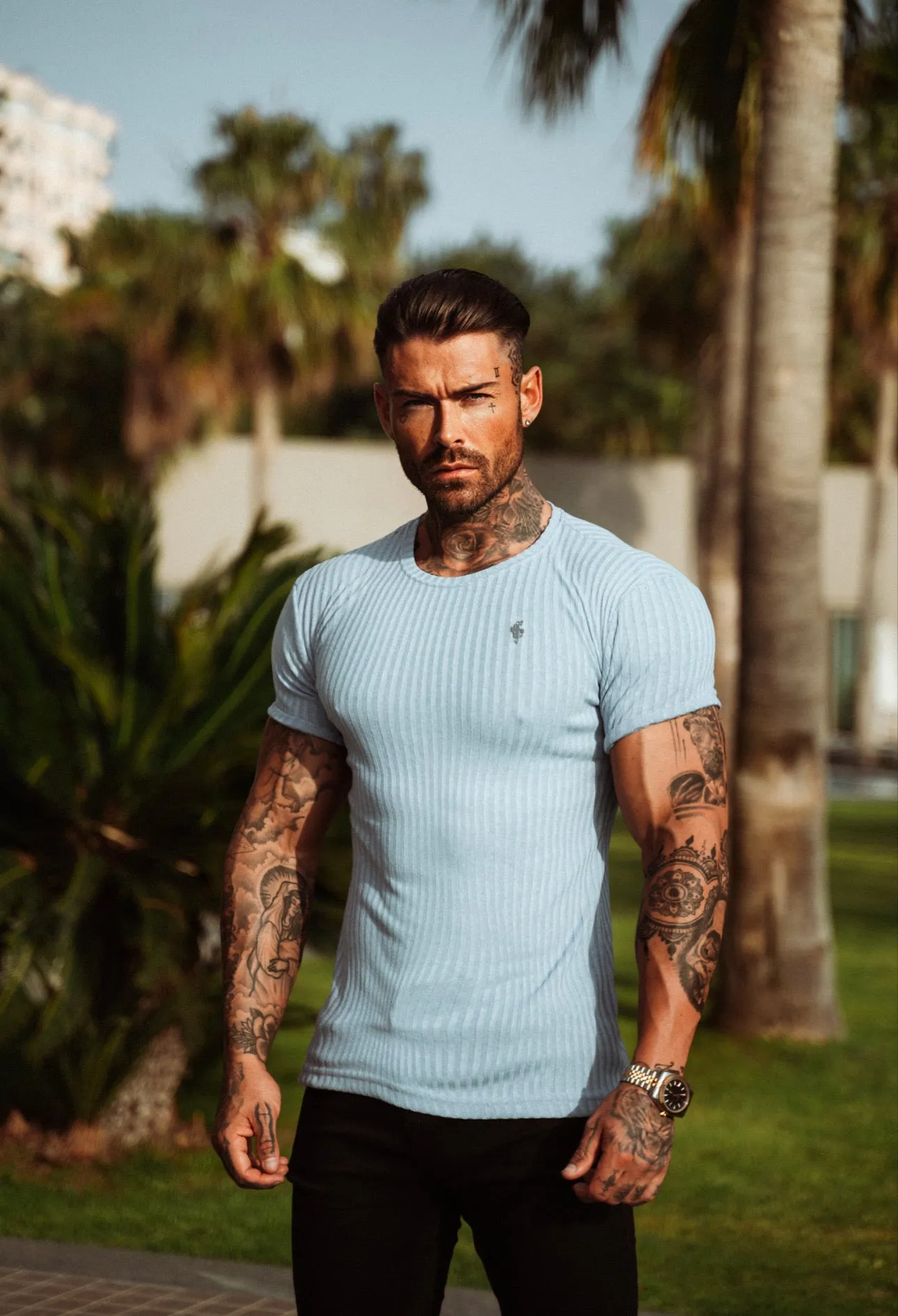 Father Sons Classic Light Blue Rib Short Sleeve Crew T Shirt With Silver Decal - FSH635 sold by Father Sons