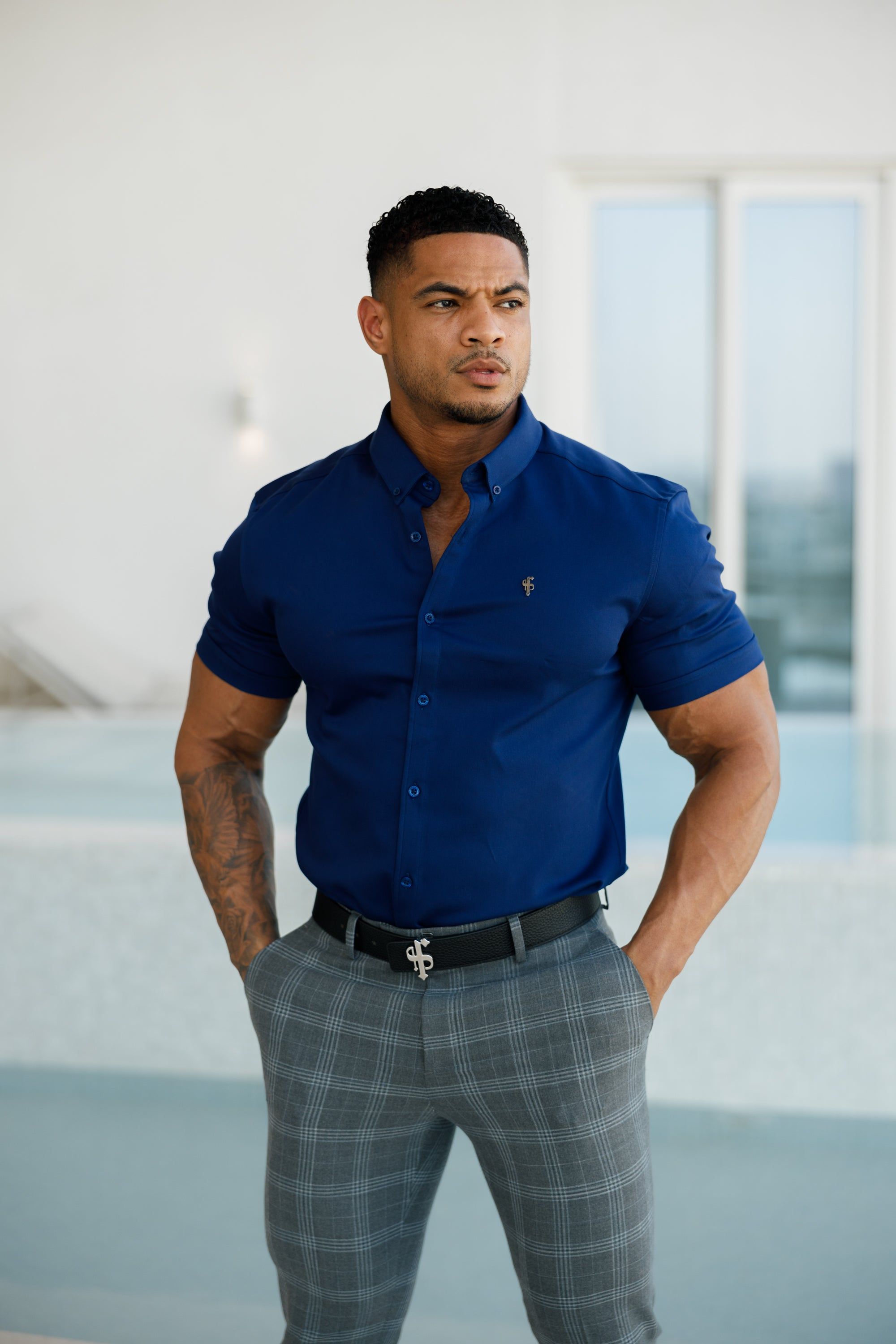 Father Sons Super Slim Stretch Navy Denim Short Sleeve with Metal Decal Emblem - FS637 sold by Father Sons product image thumbnail 4