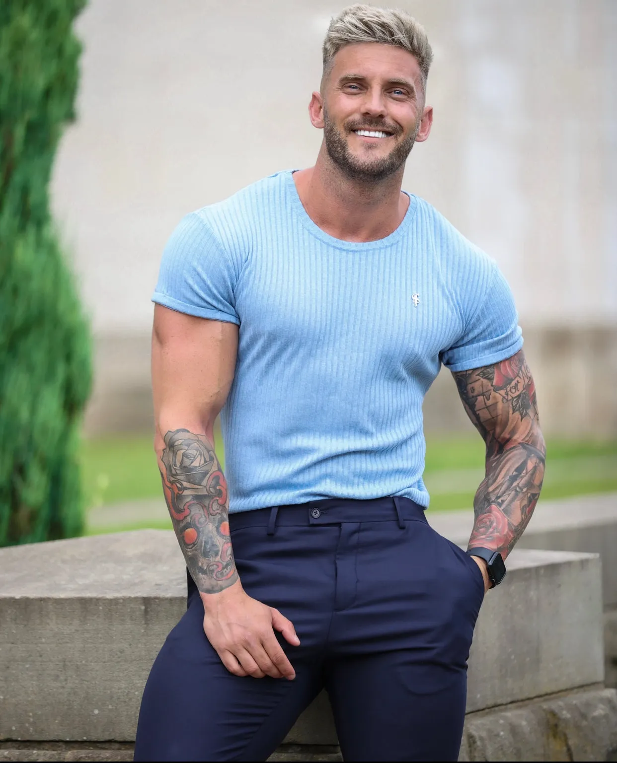 Father Sons Classic Light Blue Rib Short Sleeve Crew T Shirt With Silver Decal - FSH635 sold by Father Sons product image thumbnail 4