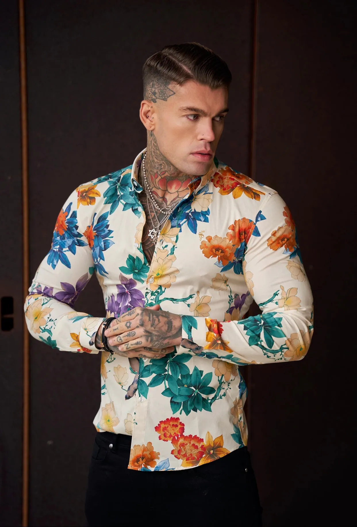 Father Sons Super Slim Stretch Ecru with Vibrant Floral Print Long Sleeve with Button Down Collar - FS858 sold by Father Sons product image thumbnail 2