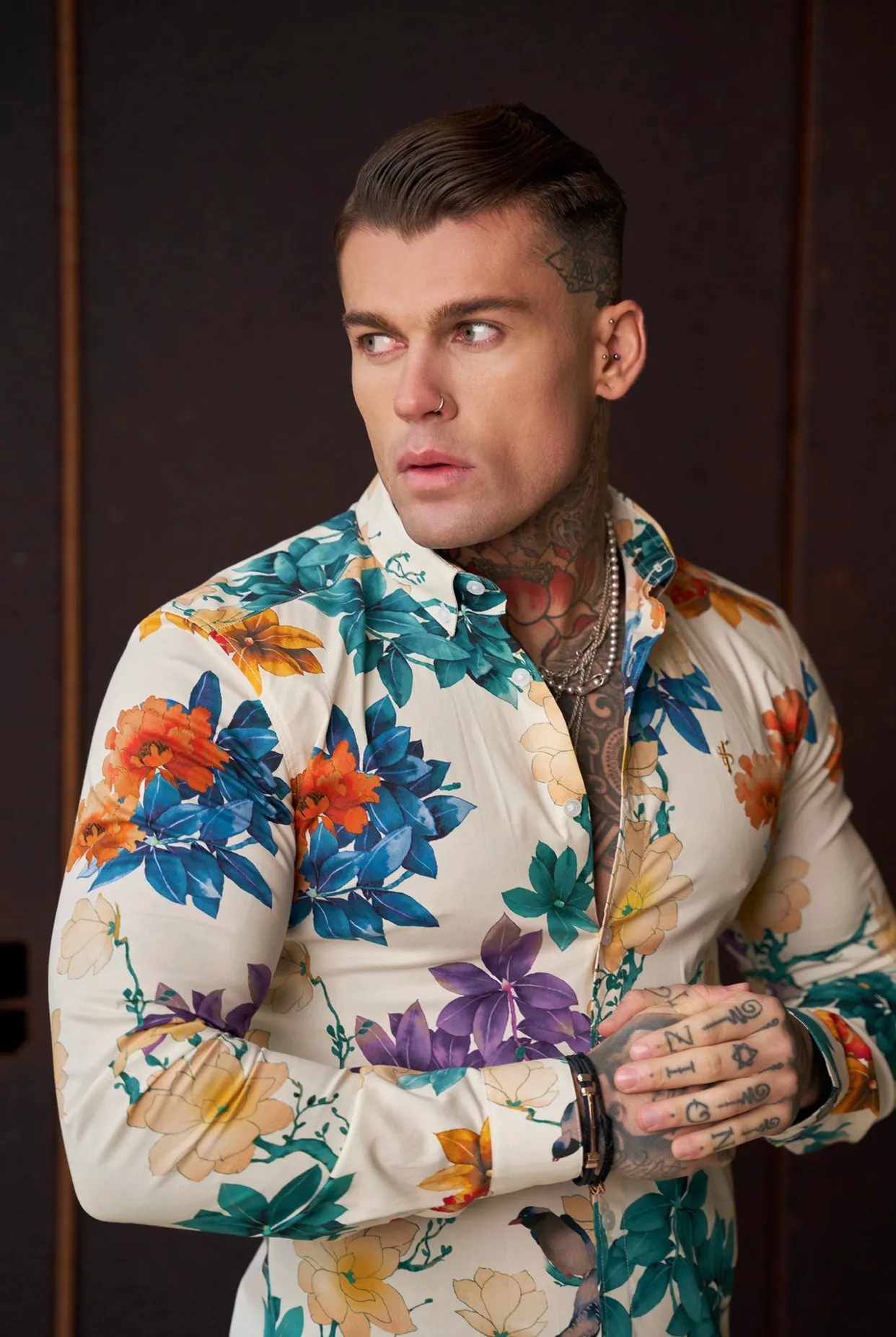 Father Sons Super Slim Stretch Ecru with Vibrant Floral Print Long Sleeve with Button Down Collar - FS858 sold by Father Sons product image thumbnail 3
