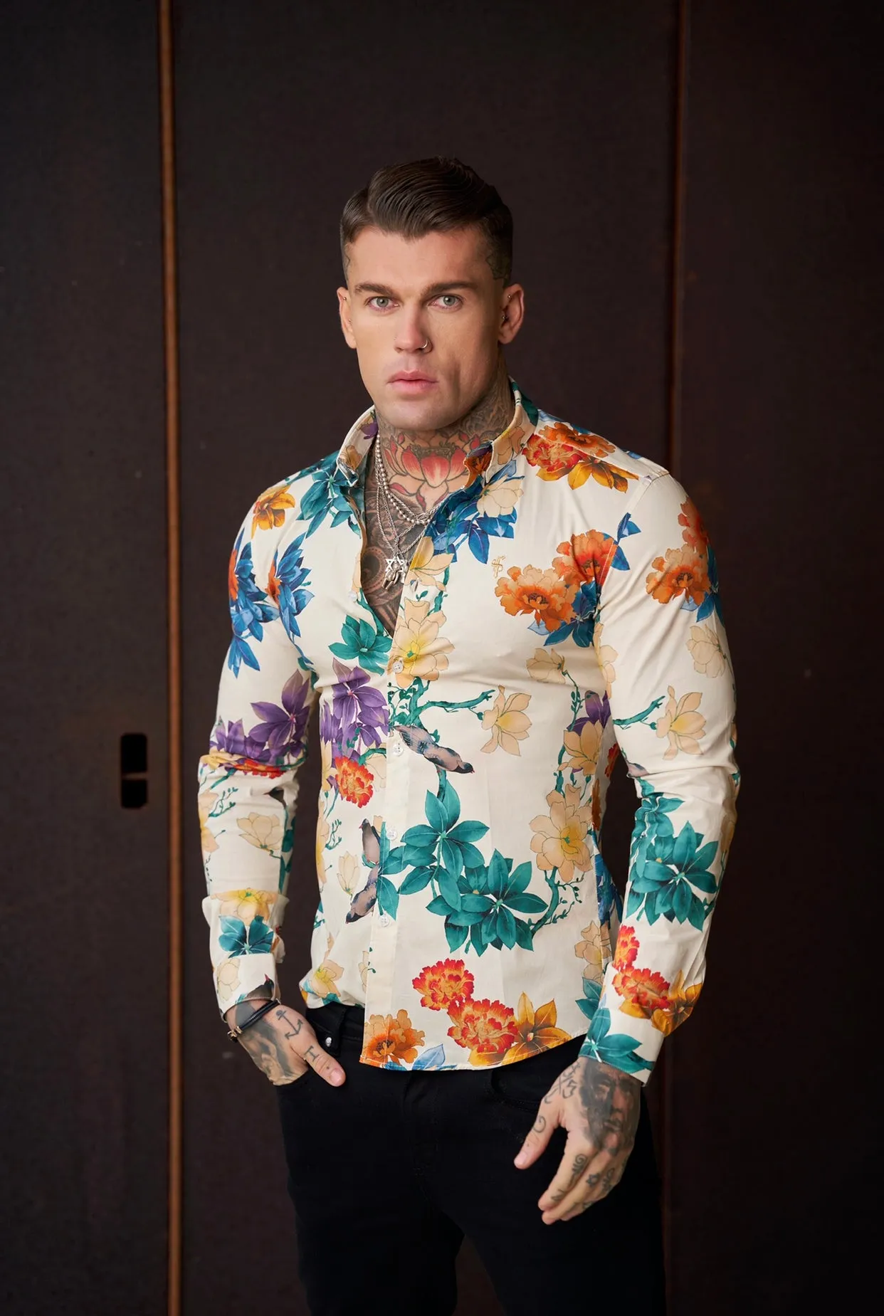 Father Sons Super Slim Stretch Ecru with Vibrant Floral Print Long Sleeve with Button Down Collar - FS858 sold by Father Sons product image thumbnail 5