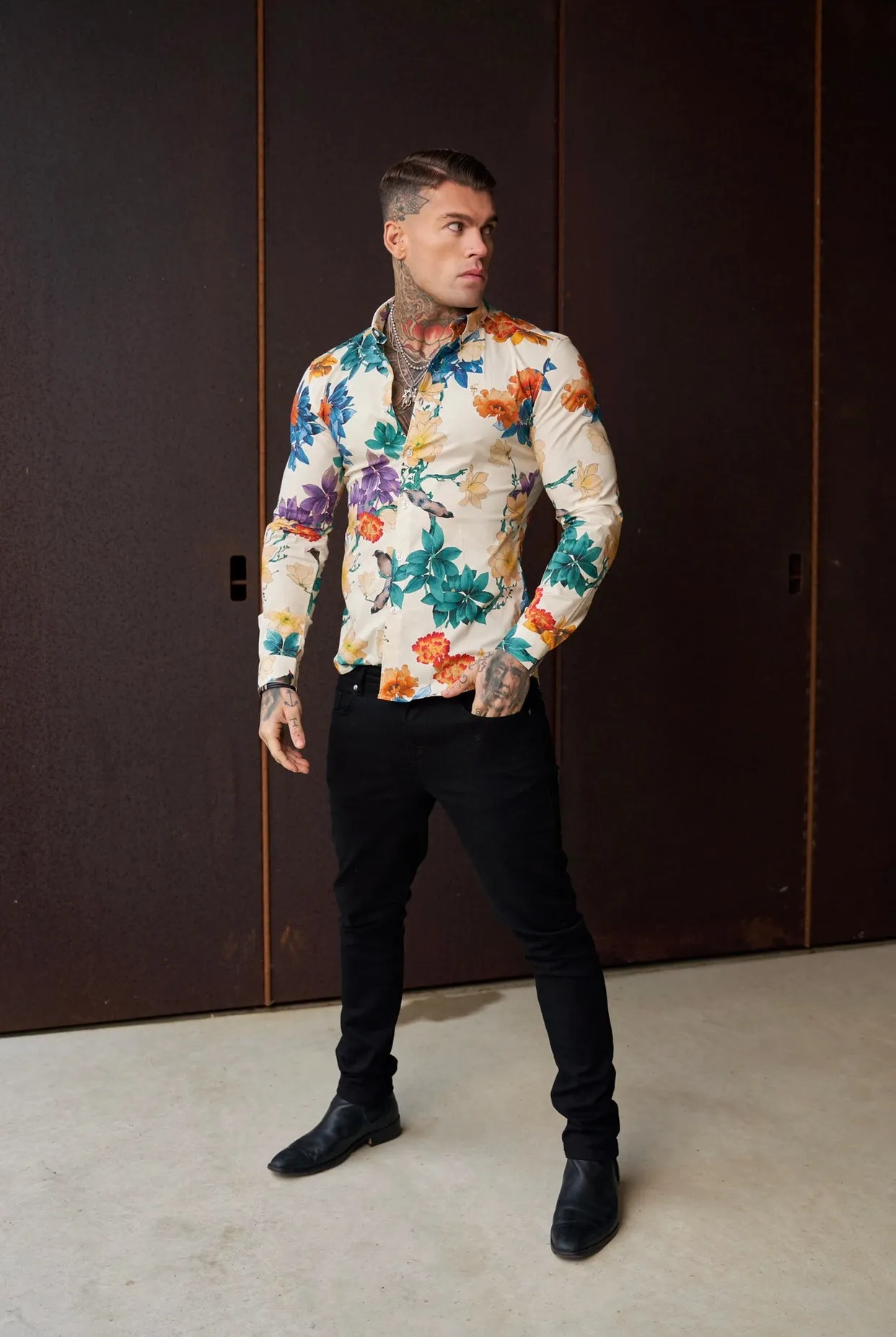Father Sons Super Slim Stretch Ecru with Vibrant Floral Print Long Sleeve with Button Down Collar - FS858 sold by Father Sons product image thumbnail 4