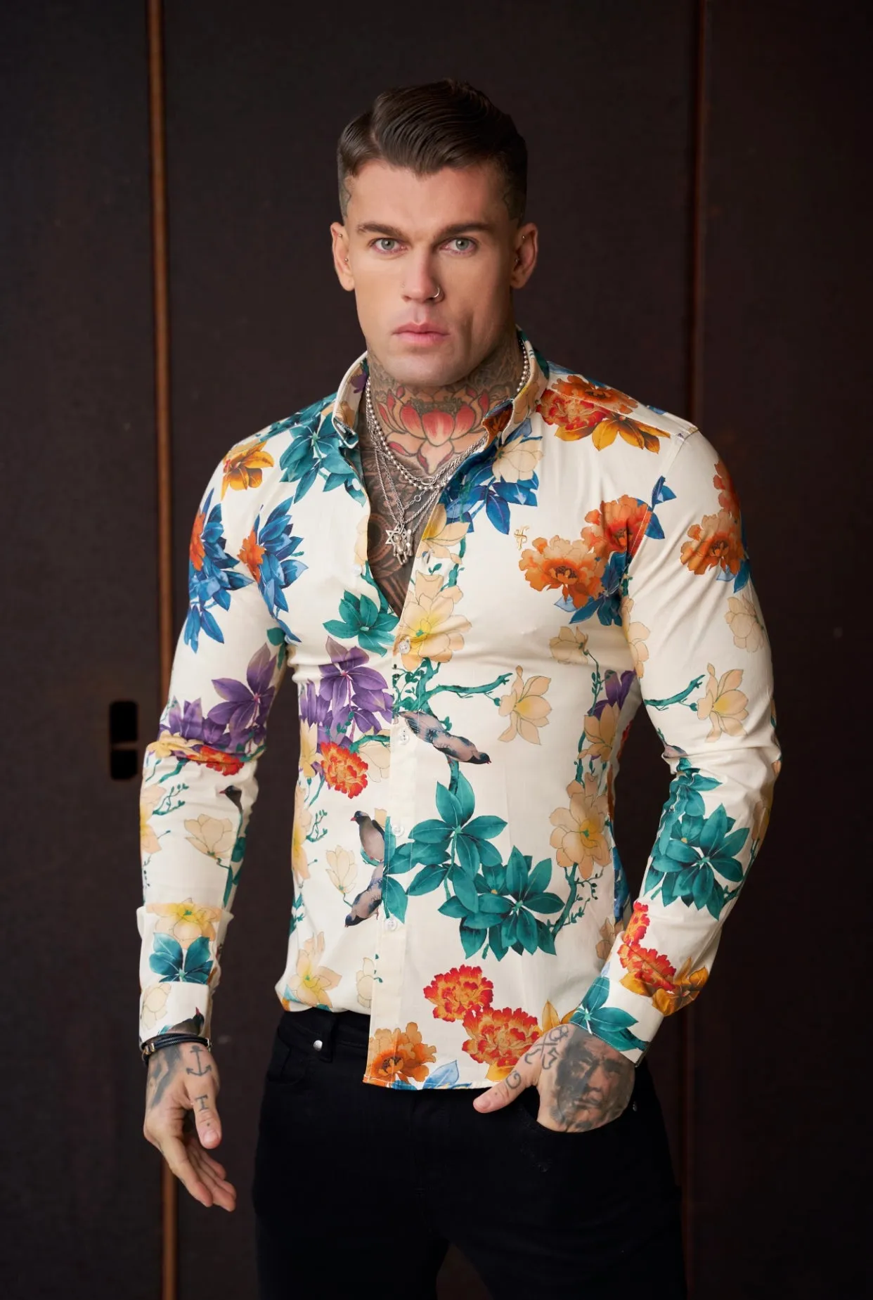 Father Sons Super Slim Stretch Ecru with Vibrant Floral Print Long Sleeve with Button Down Collar - FS858 sold by Father Sons