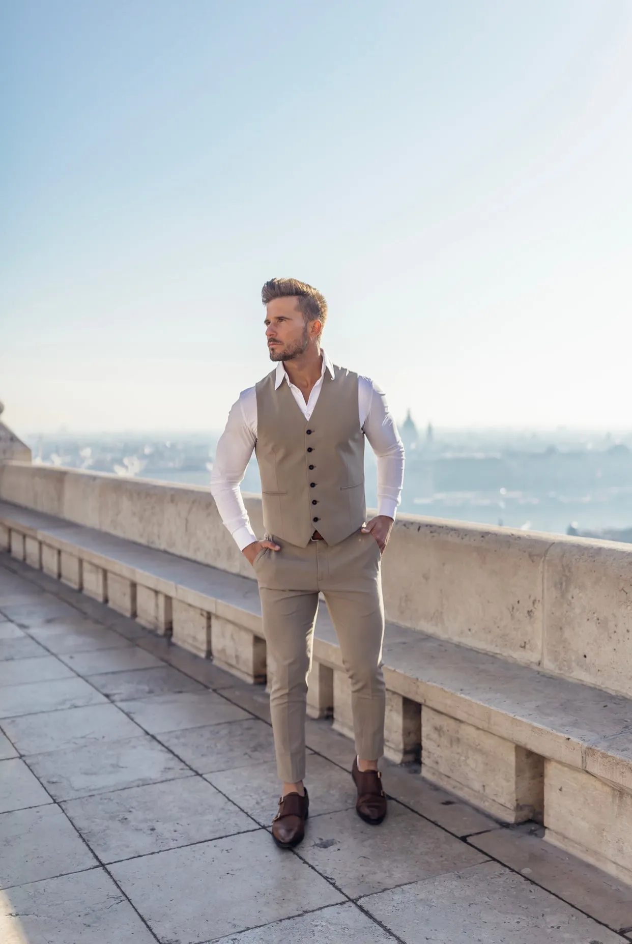 Father Sons Slim Formal Waistcoat Plain Beige - FSW003 sold by Father Sons product image thumbnail 2